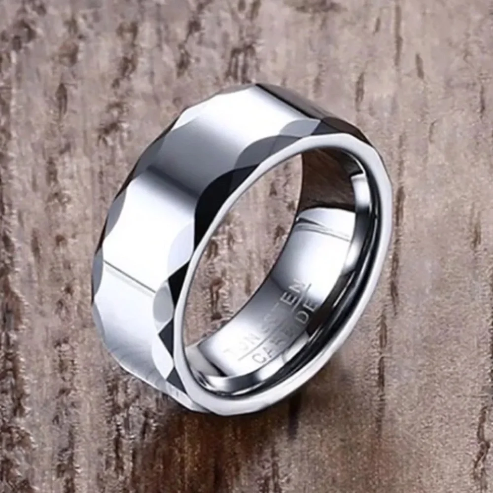 Silver Tungsten Carbide 8mm Faceted Beveled Hammered Edge Band Ring High Shine